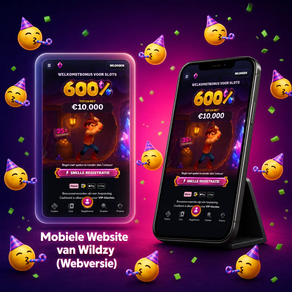 Wildzy mobiele website in browser zonder download, volledig functioneel op Android en iOS met alle spellen en bonussen