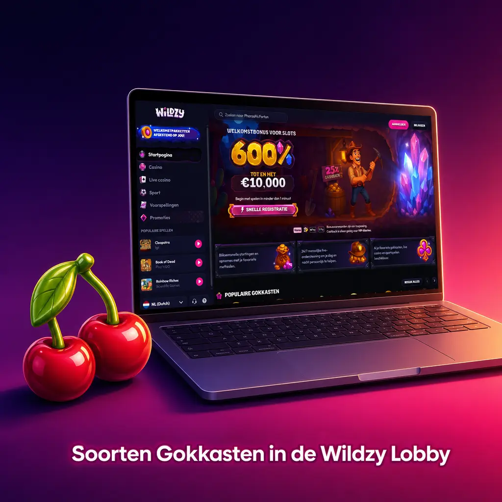 Overzicht van meer dan 4.000 gokkasten in de Wildzy lobby, verdeeld over klassieke slots, videoslots en jackpotslots